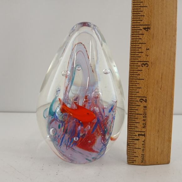 Art Glass Hand Blown Paperweight Teardrop Shape w/ Fish Blue Red Swirl Decor 4" - Picture 7 of 7